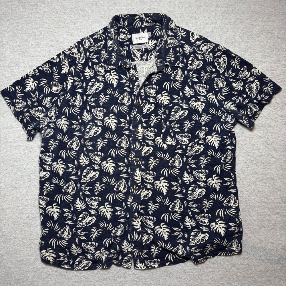 Goodfellow Mens Button Down Shirt XXL Navy Blue Tropical Monstera Leaf Cotton